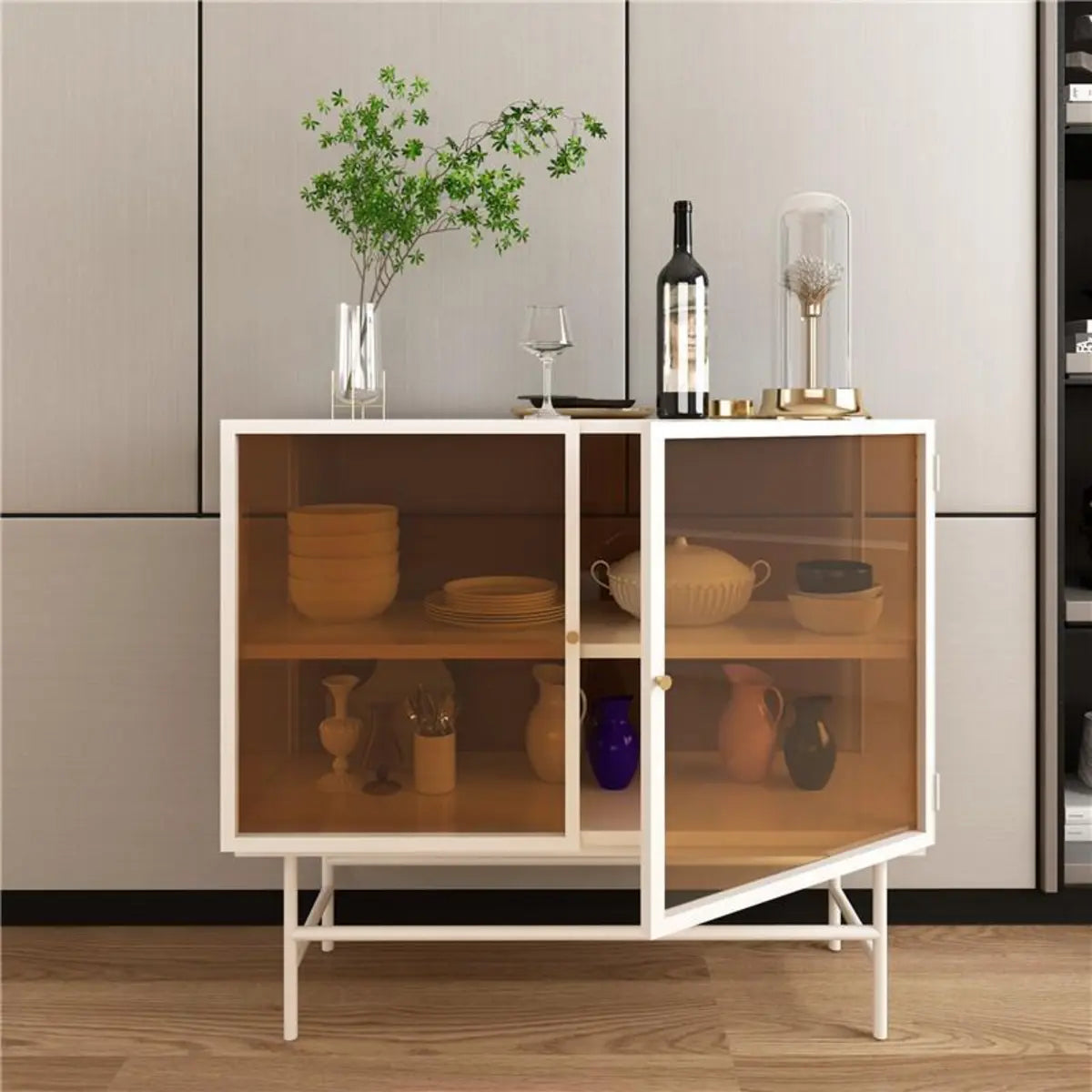 Cabinets Shelves Metal Black Buffet with Glass Doors Image - 3