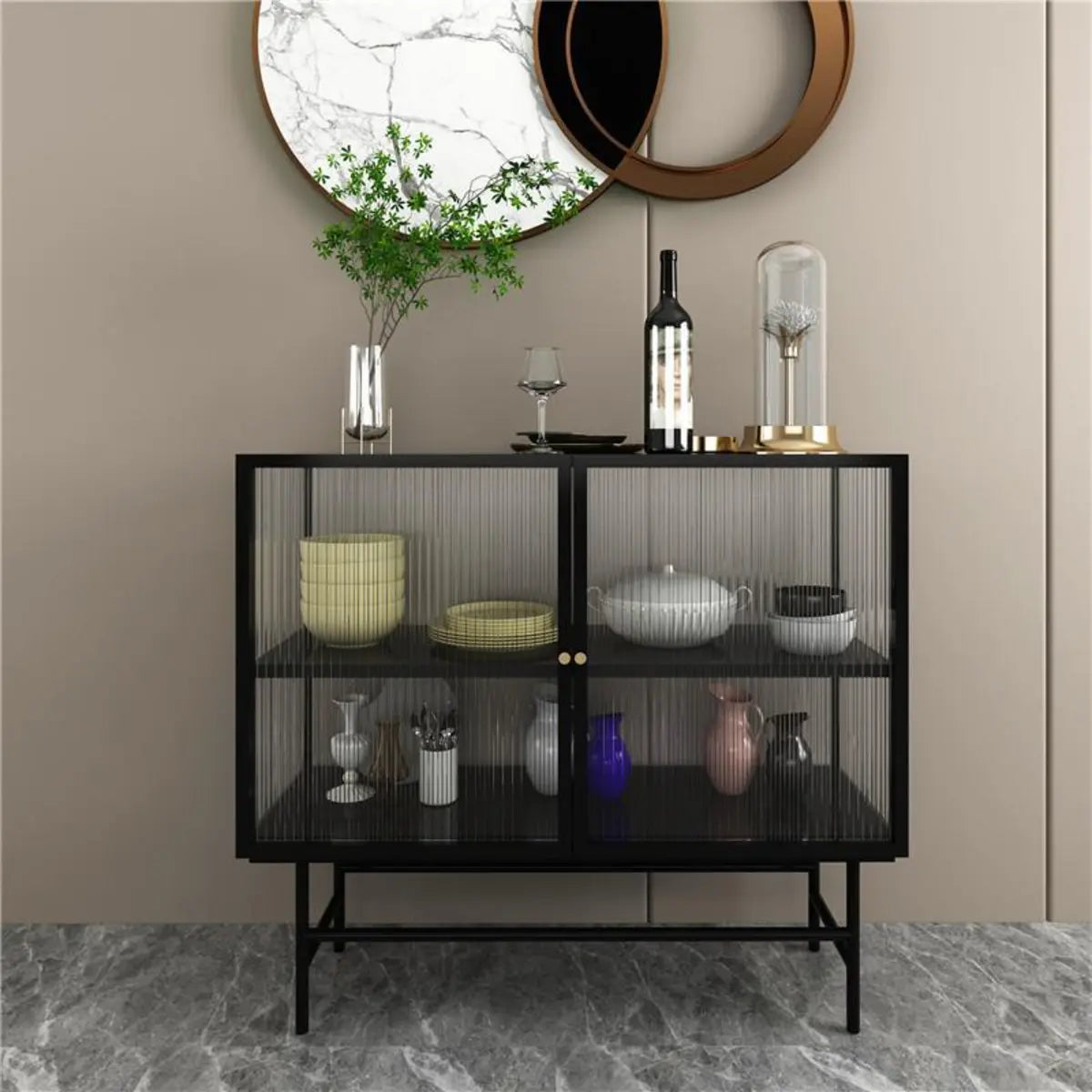 Cabinets Shelves Metal Black Buffet with Glass Doors Image - 4