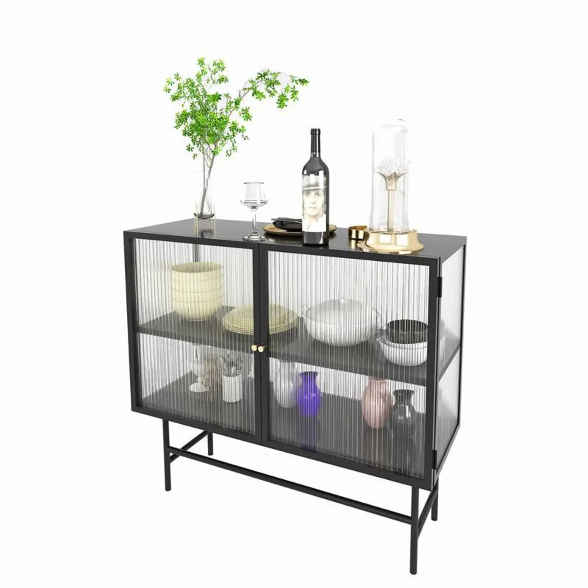 Cabinets Shelves Metal Black Buffet with Glass Doors Image - 5