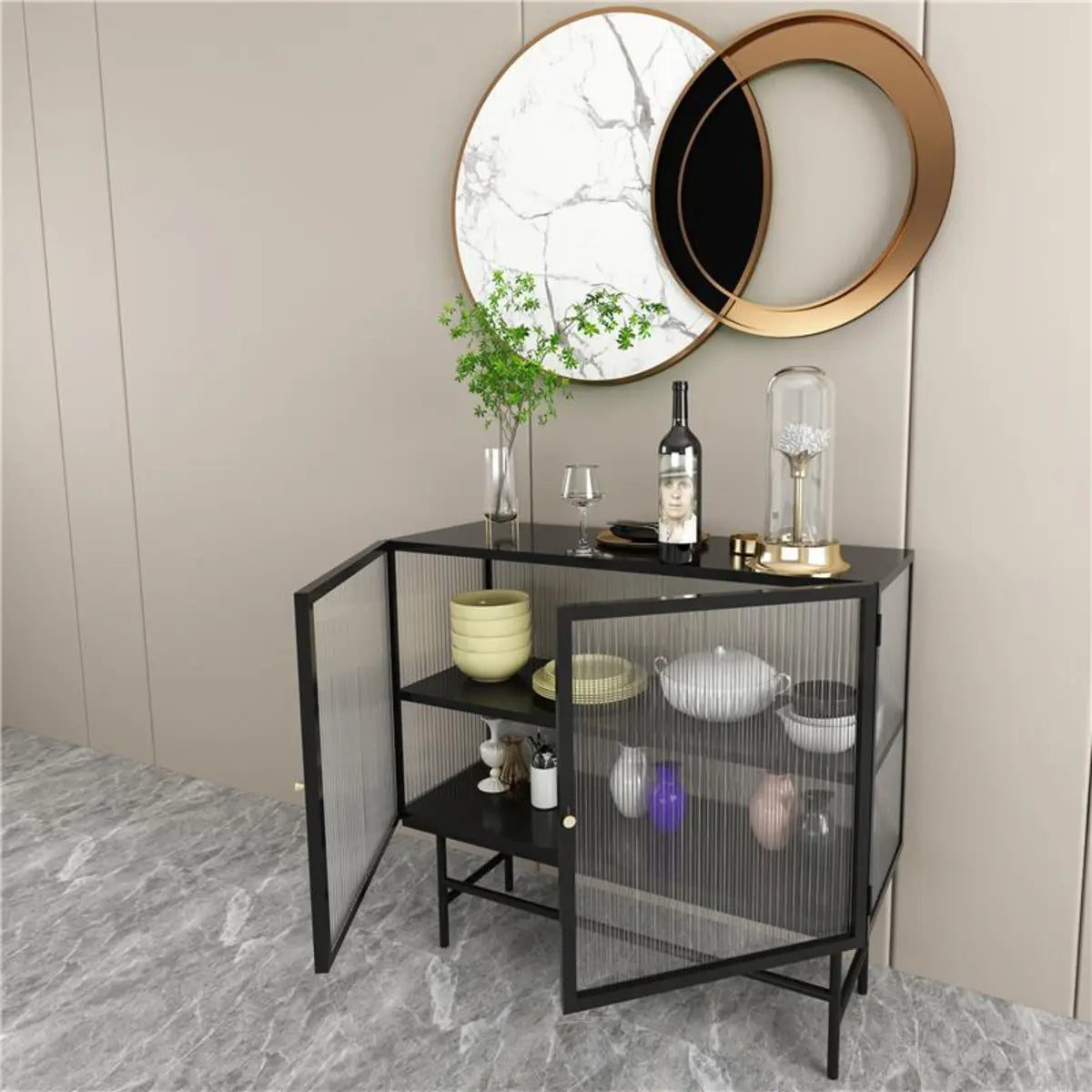 Cabinets Shelves Metal Black Buffet with Glass Doors Image - 6