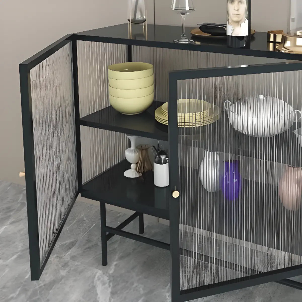 Cabinets Shelves Metal Black Buffet with Glass Doors Image - 8