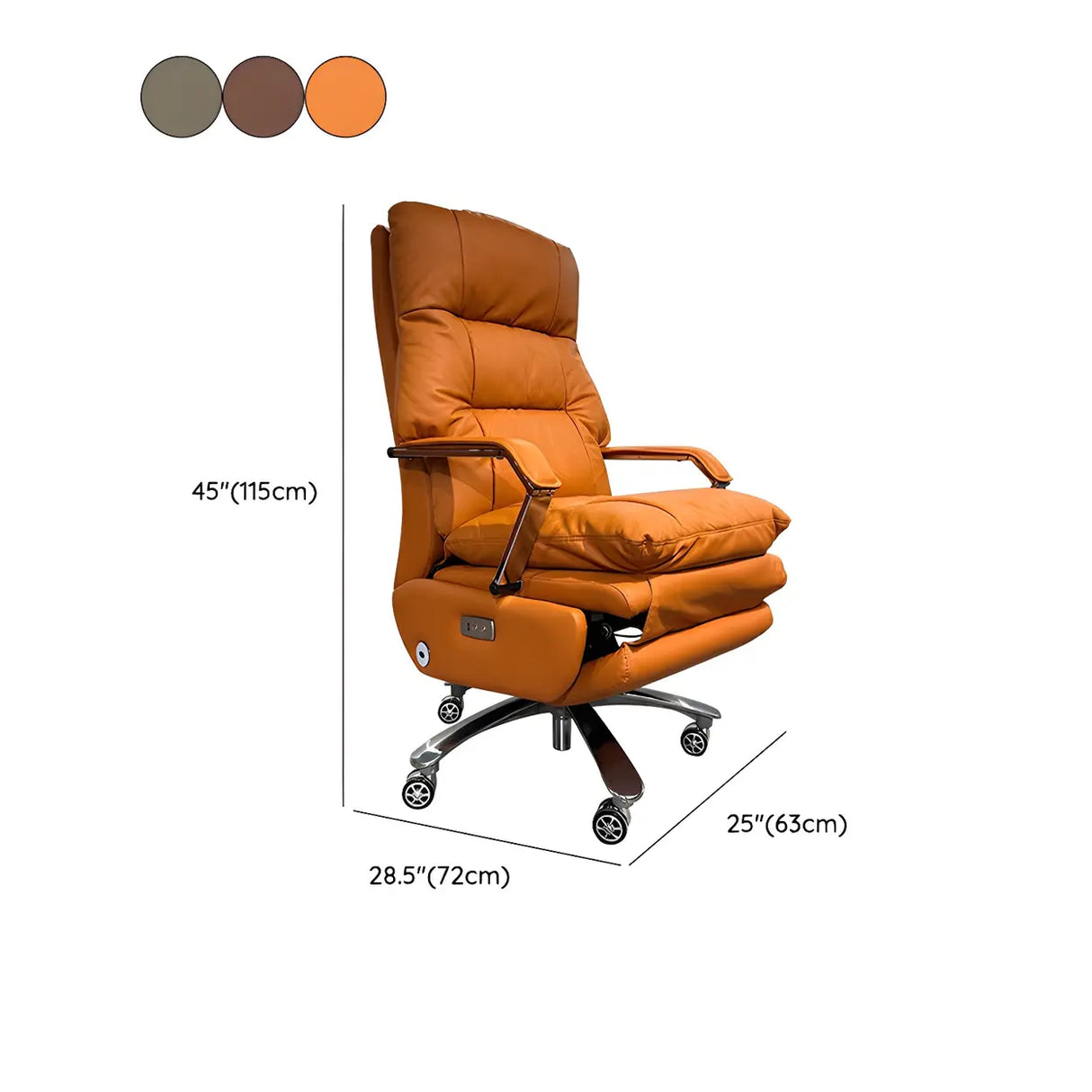 Casters Orange Reclining Leather Swivel Office Chair Image - 12