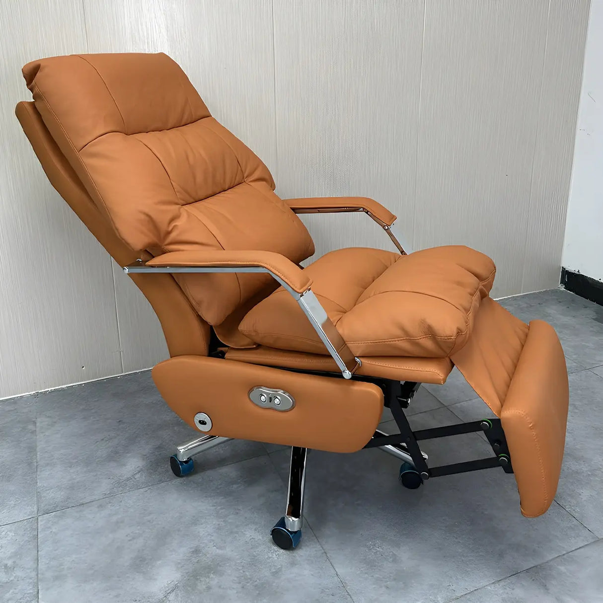Casters Orange Reclining Leather Swivel Office Chair Image - 6