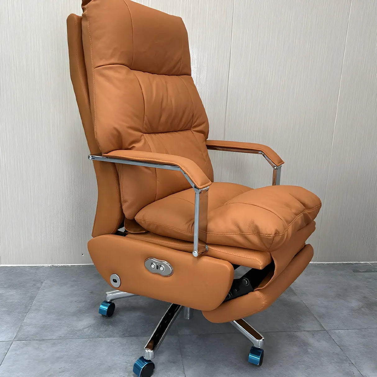 Casters Orange Reclining Leather Swivel Office Chair Image - 8