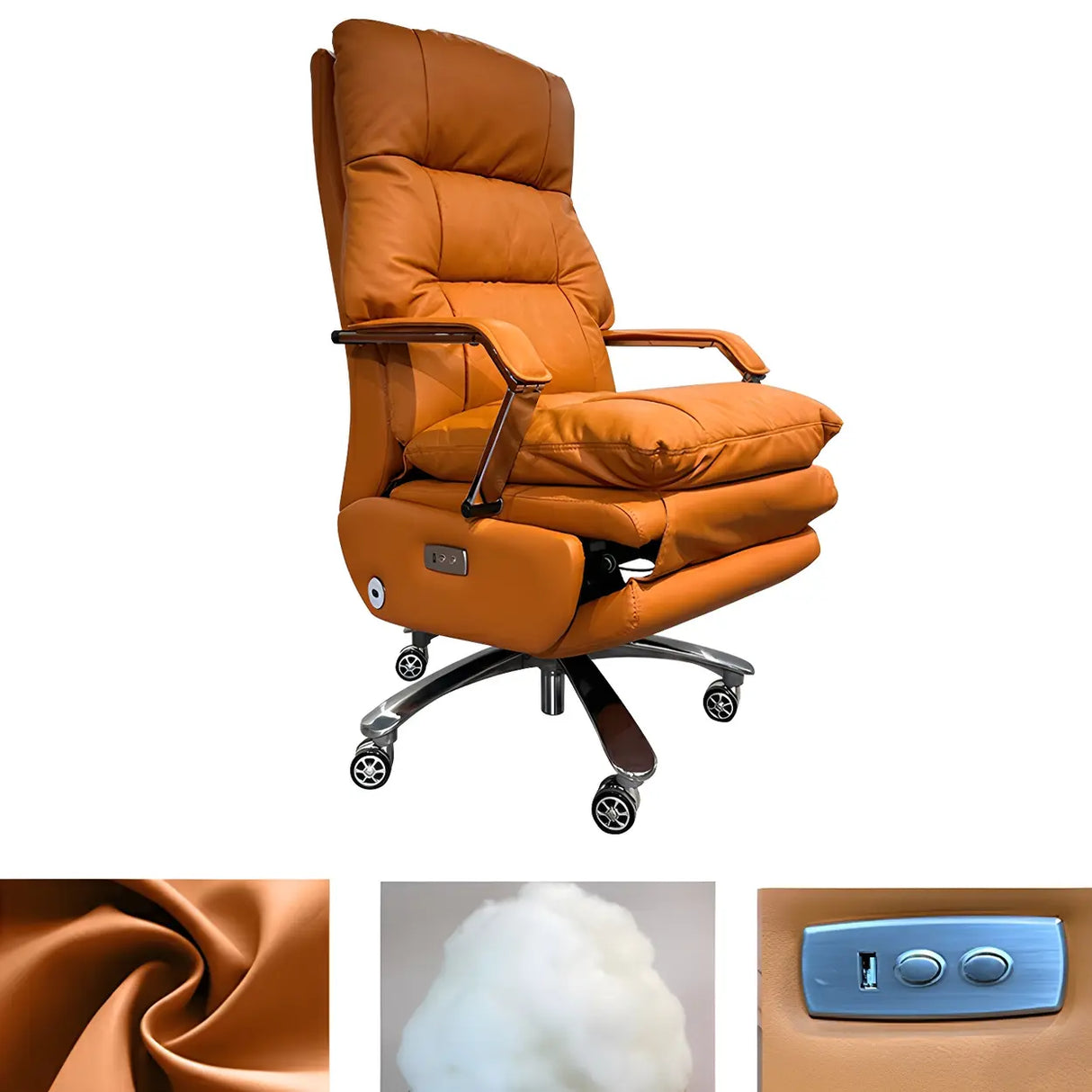 Casters Orange Reclining Leather Swivel Office Chair Image - 9