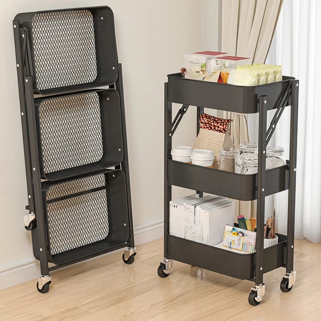 Casual 3-Tier Rolling Foldable Steel Bookcase Cart Image - 10