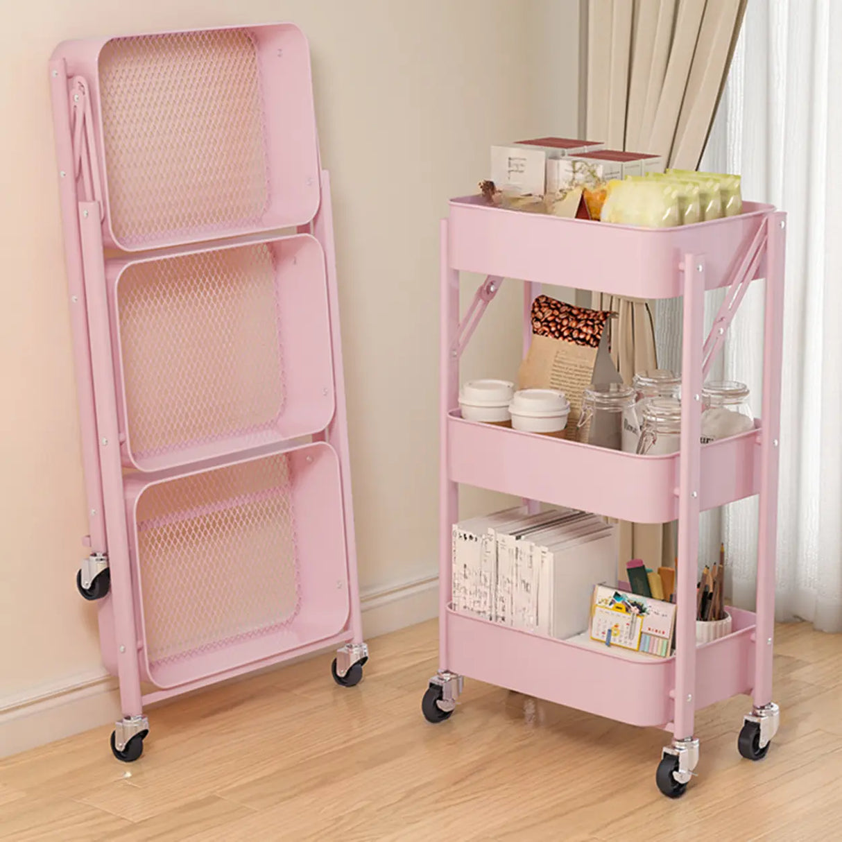 Casual 3-Tier Rolling Foldable Steel Bookcase Cart Image - 11