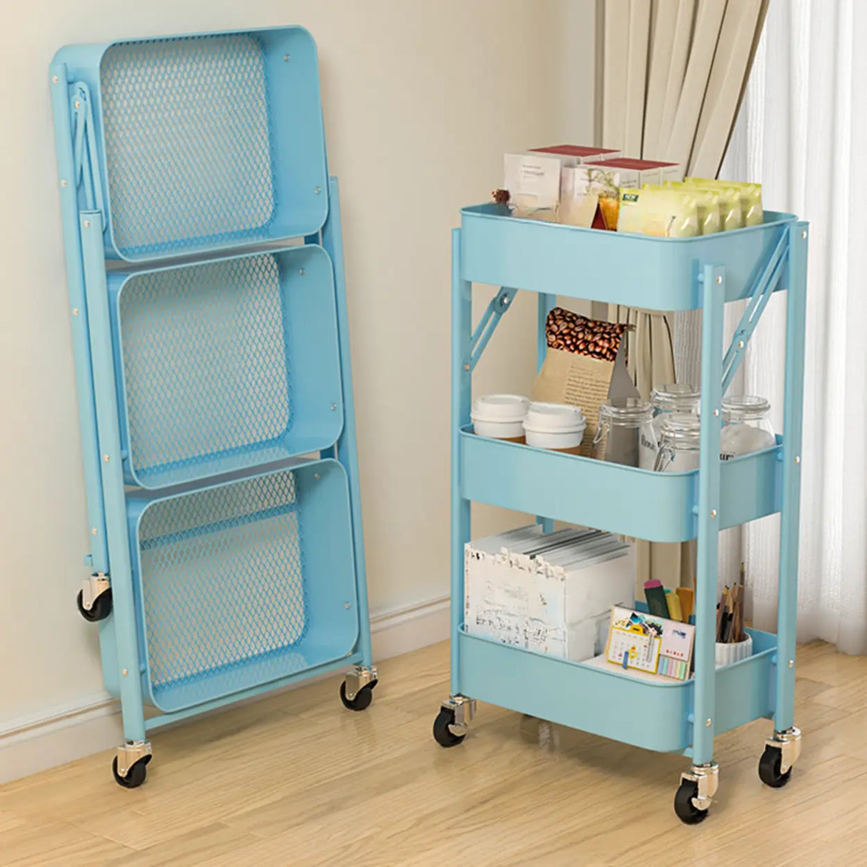 Casual 3-Tier Rolling Foldable Steel Bookcase Cart Image - 12