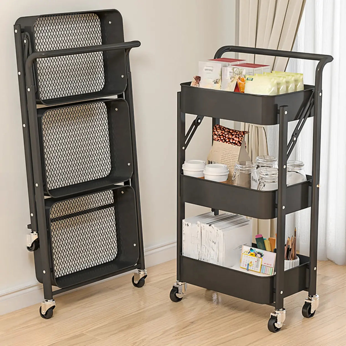Casual 3-Tier Rolling Foldable Steel Bookcase Cart Image - 2