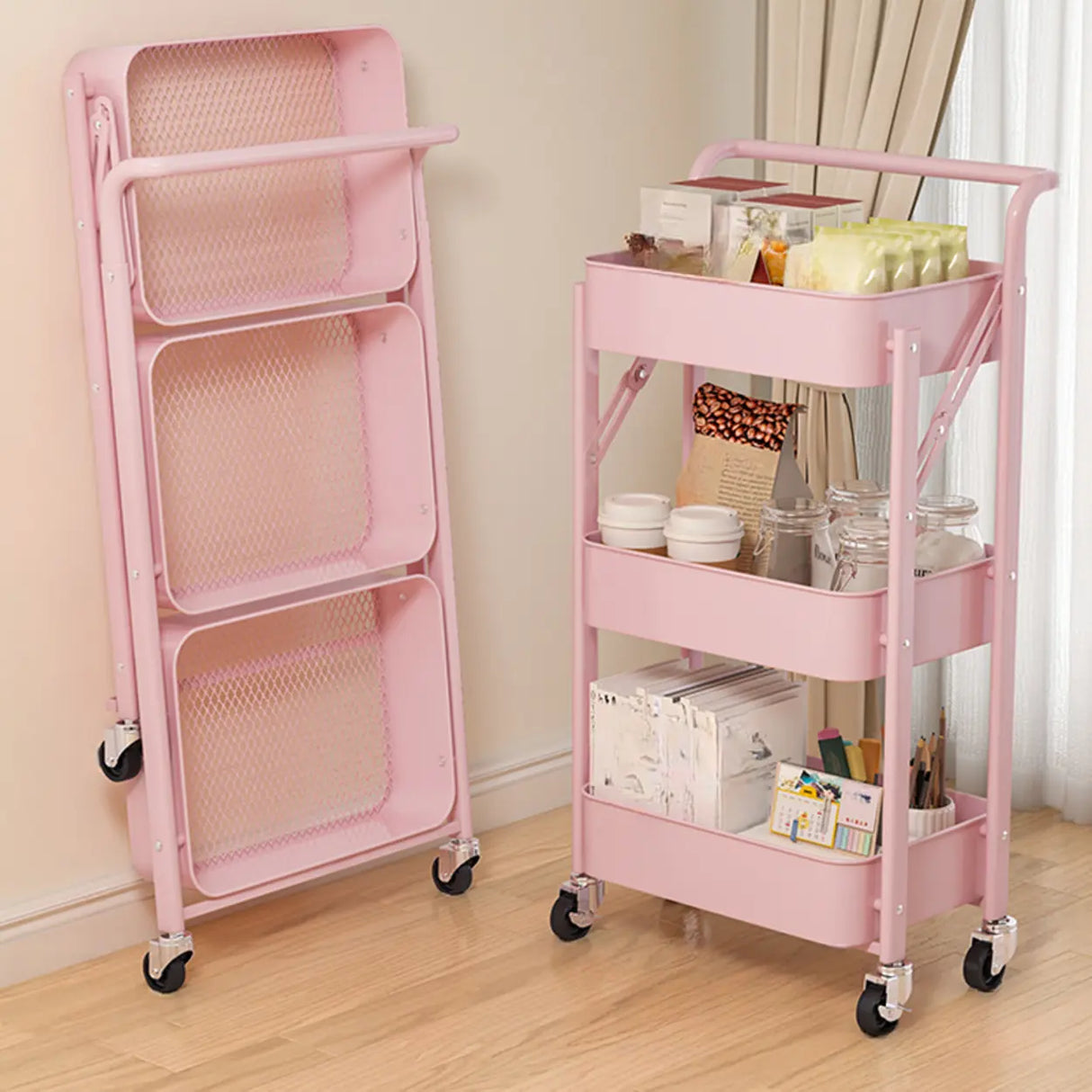 Casual 3-Tier Rolling Foldable Steel Bookcase Cart Image - 3