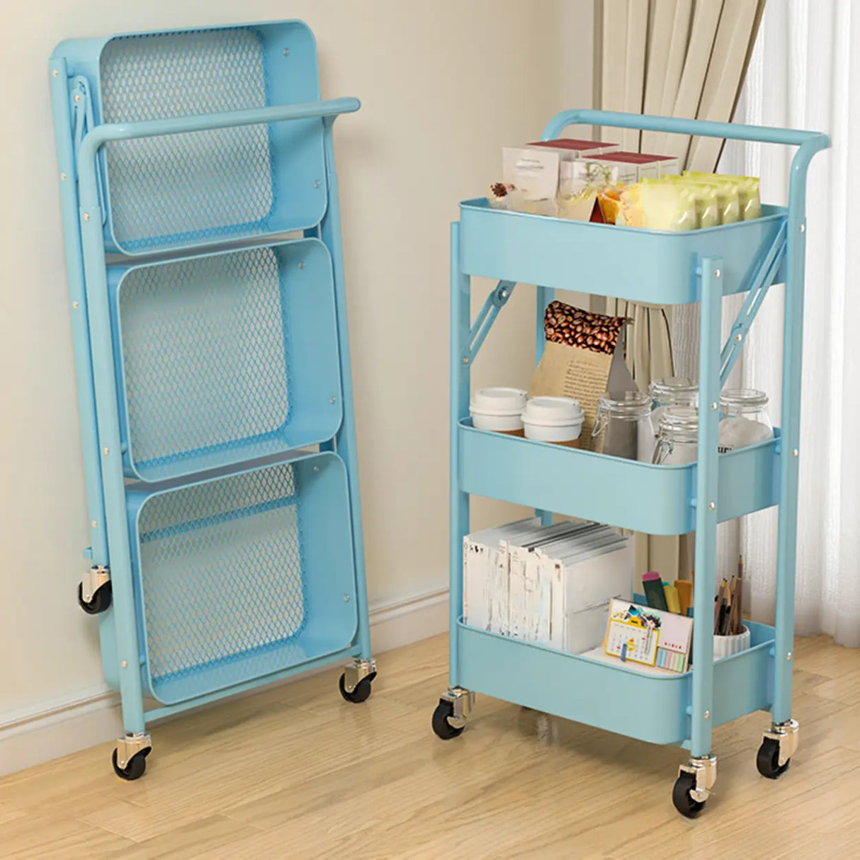 Casual 3-Tier Rolling Foldable Steel Bookcase Cart Image - 5