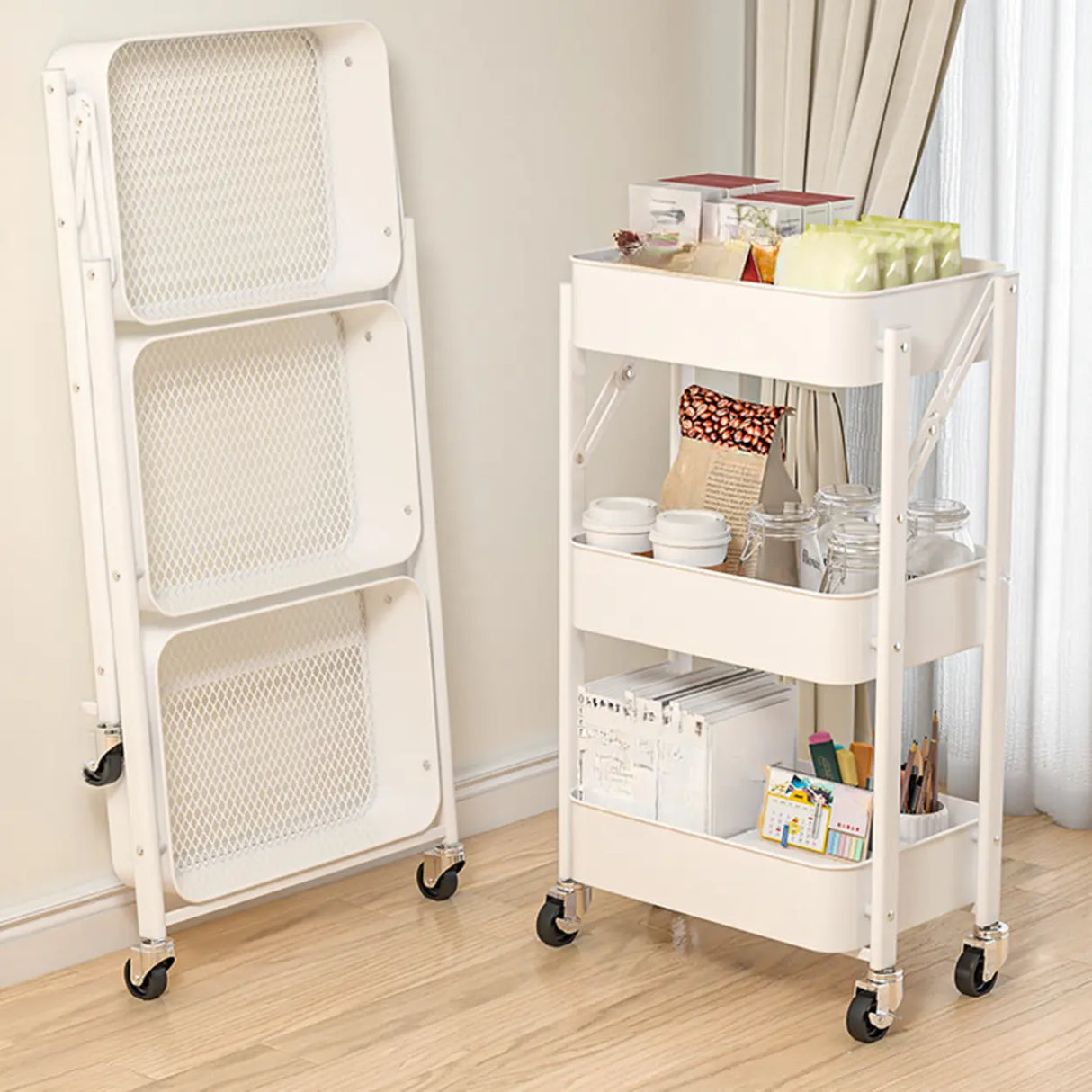 Casual 3-Tier Rolling Foldable Steel Bookcase Cart Image - 7