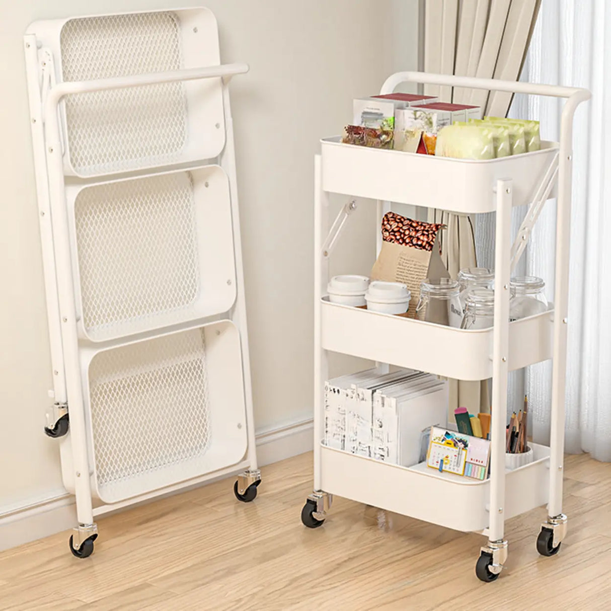 Casual 3-Tier Rolling Foldable Steel Bookcase Cart Image - 9
