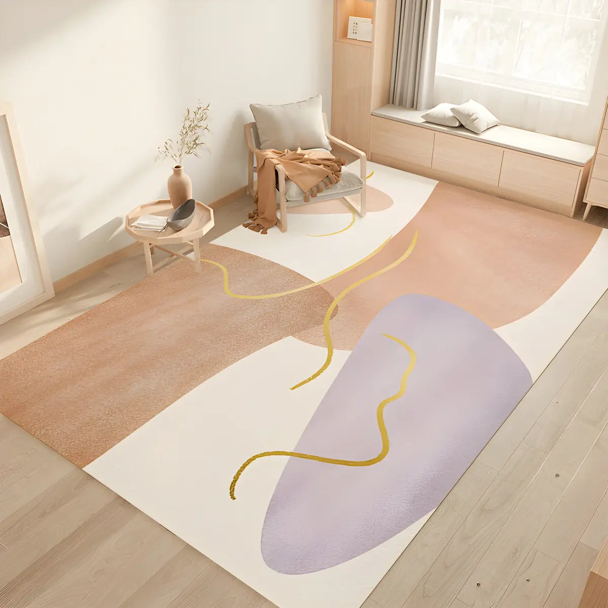 Casual Abstract Wave Polyester Apricot Area Rug Image - 9
