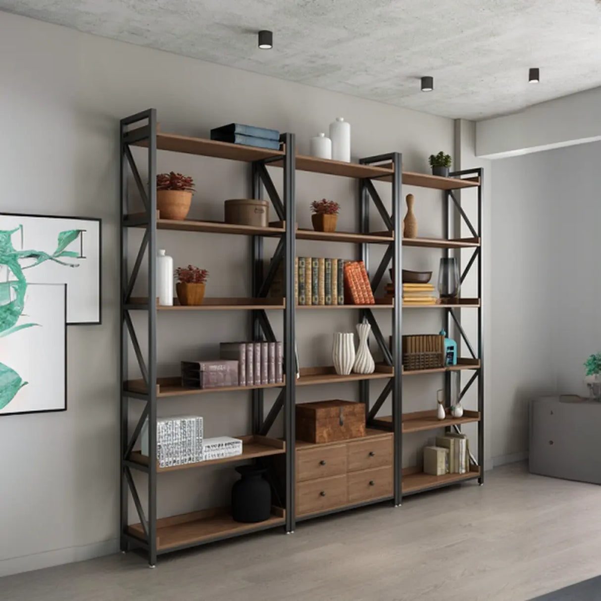 Casual Auburn Metal Frame Wooden Display Bookshelf Image - 6