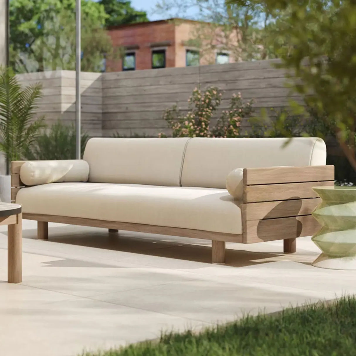 Casual Beige Outdoor Natural Wood Sectional Sofa Set Image - 3