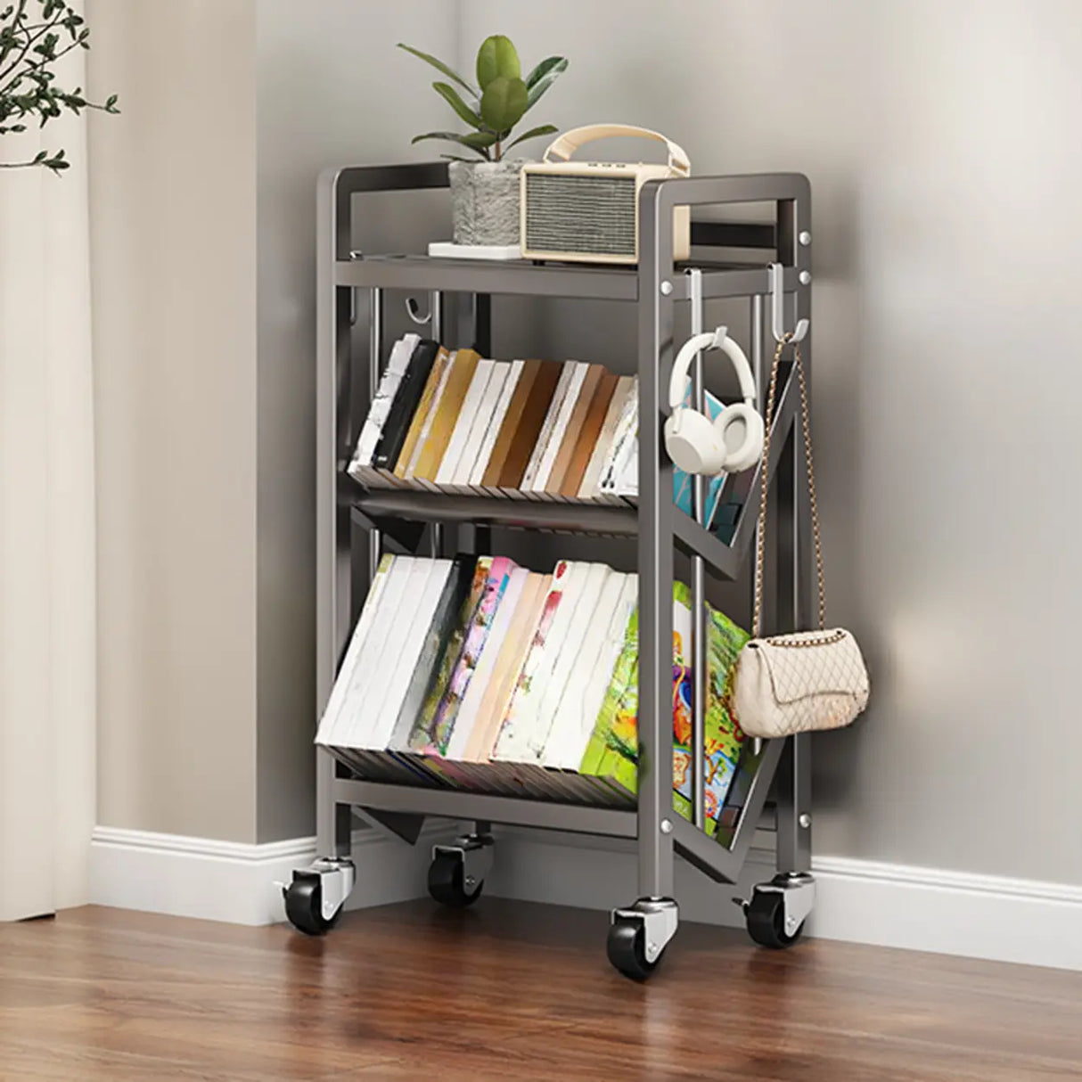 Casual Beige Steel Open Sliding Display Bookshelf Image - 22