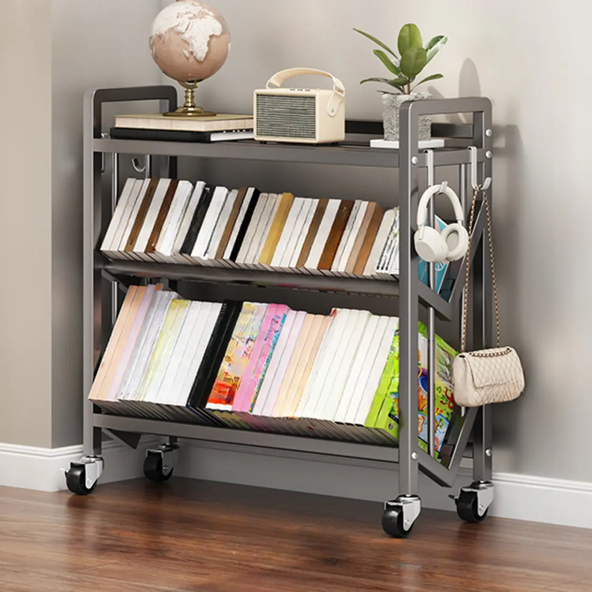Casual Beige Steel Open Sliding Display Bookshelf Image - 24