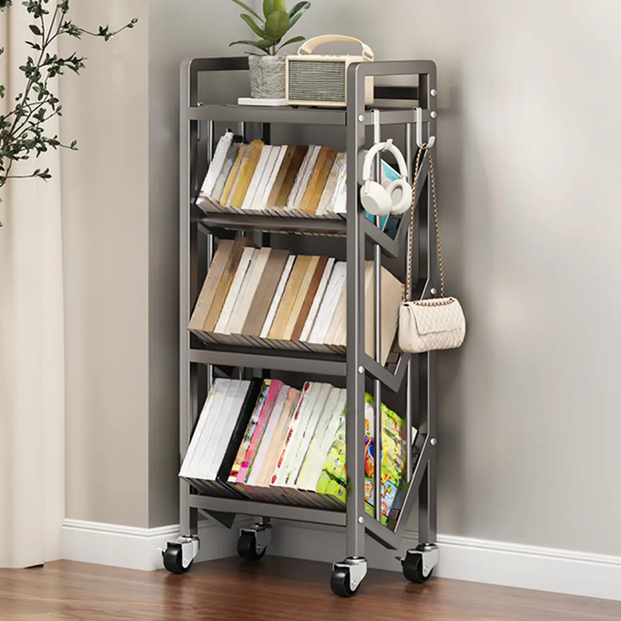 Casual Beige Steel Open Sliding Display Bookshelf Image - 25