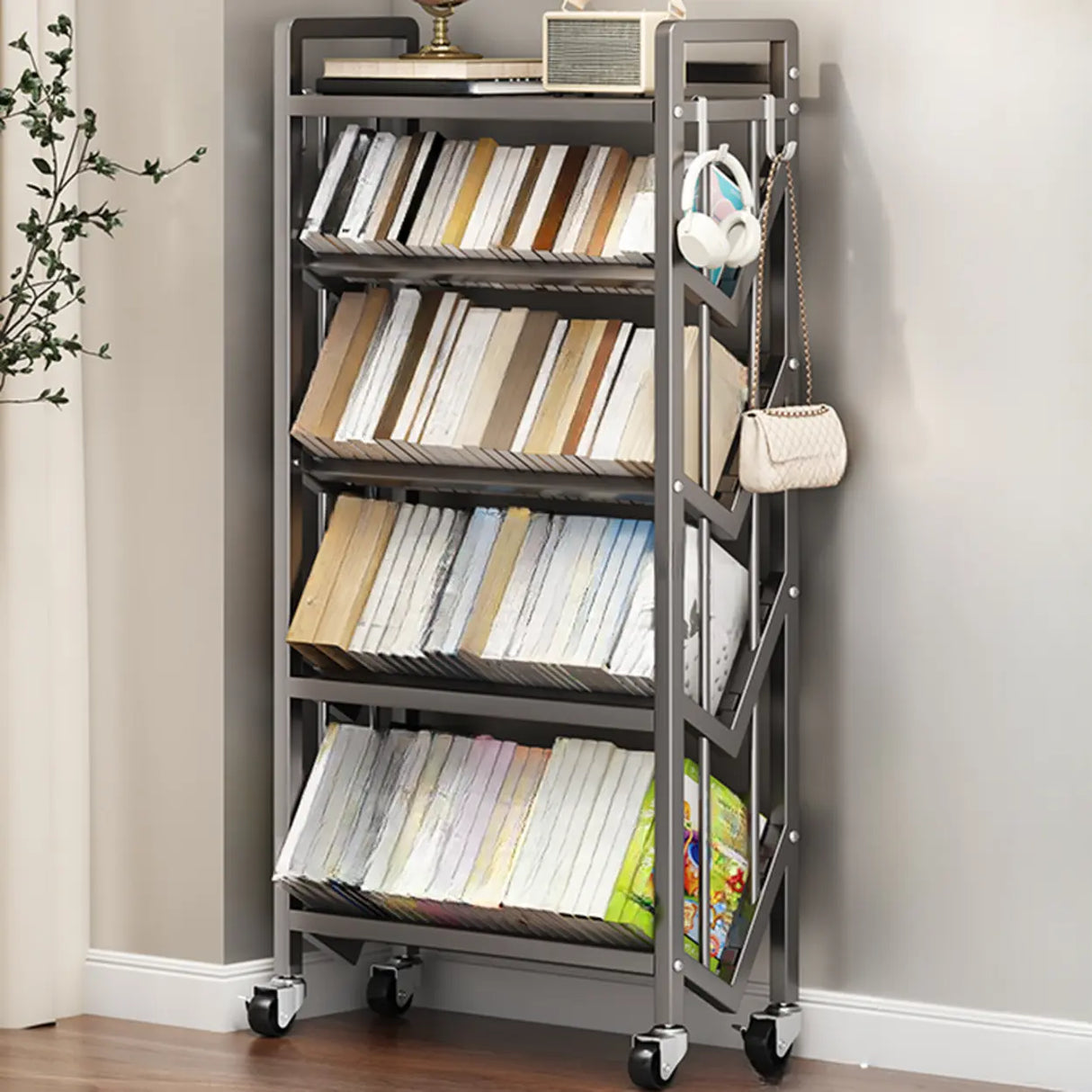 Casual Beige Steel Open Sliding Display Bookshelf Image - 29