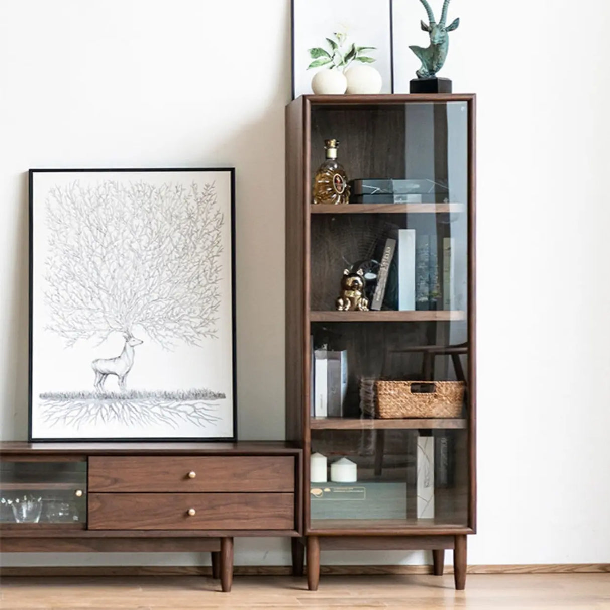 Casual Brown Wood Vertical Glass Door Narrow Bookcase Image - 1