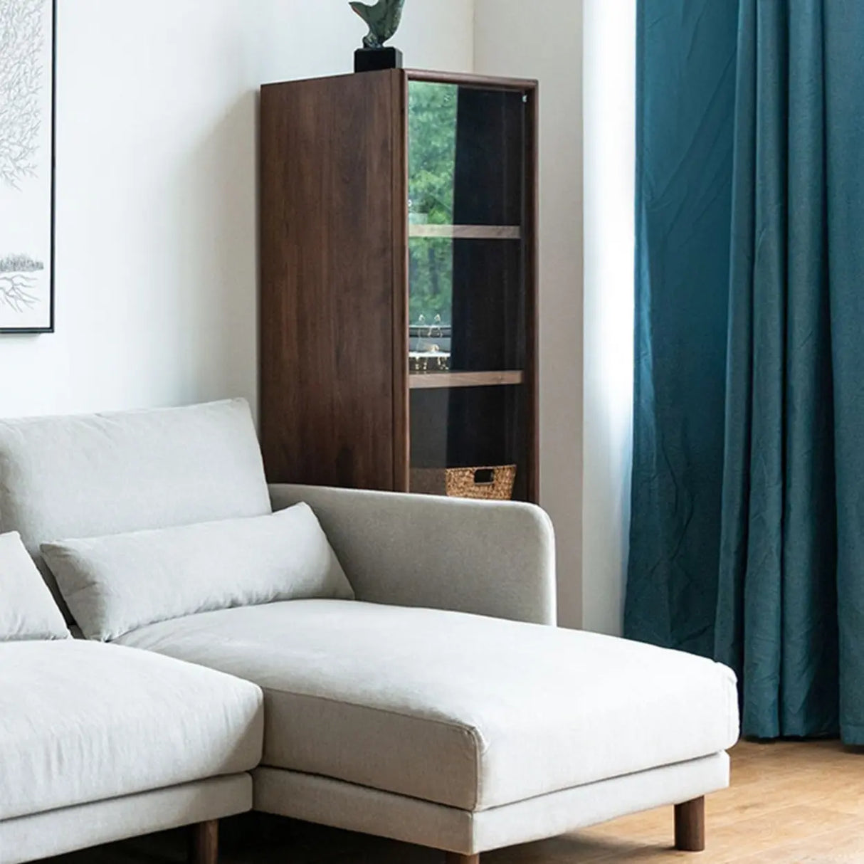 Casual Brown Wood Vertical Glass Door Narrow Bookcase Image - 2