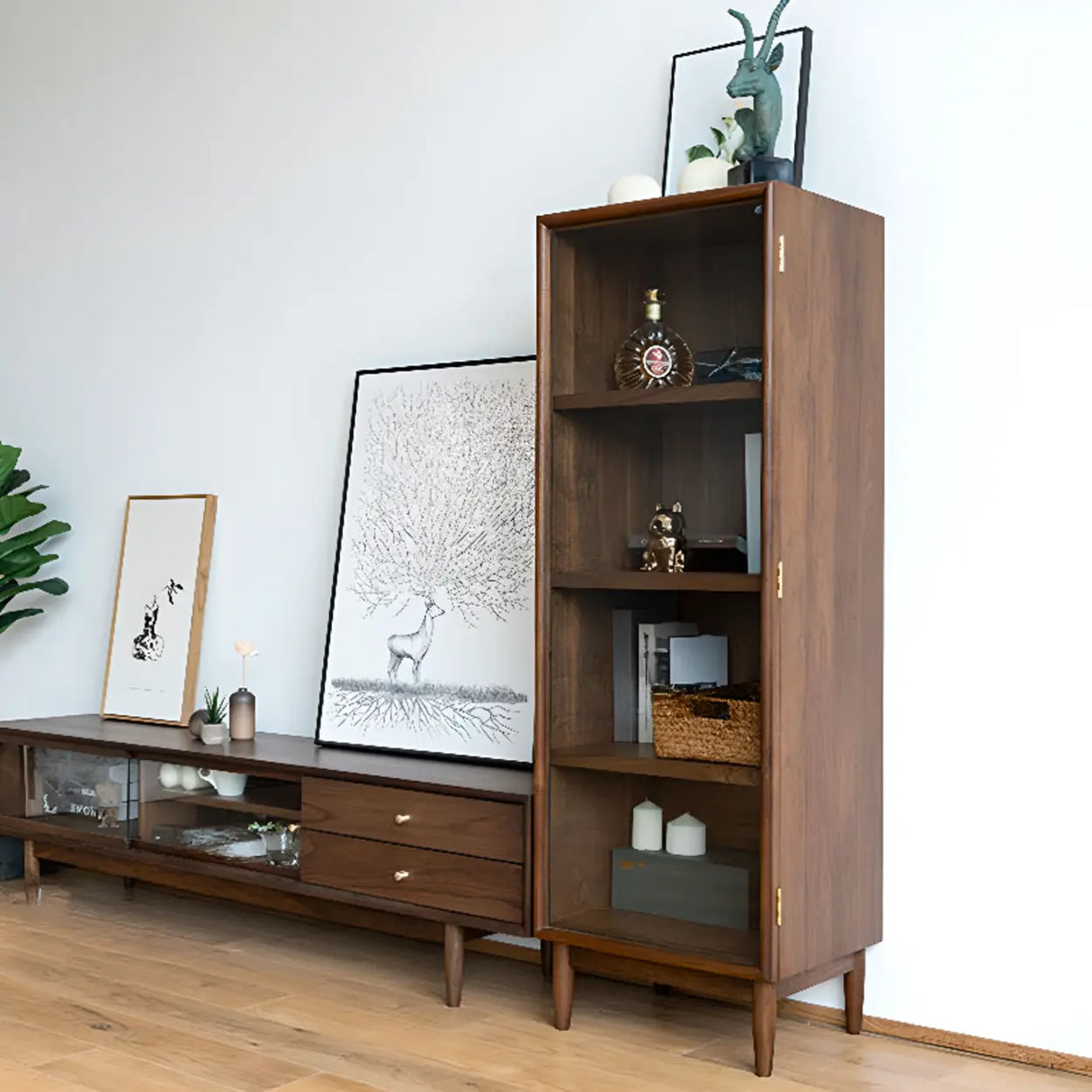 Casual Brown Wood Vertical Glass Door Narrow Bookcase Image - 4