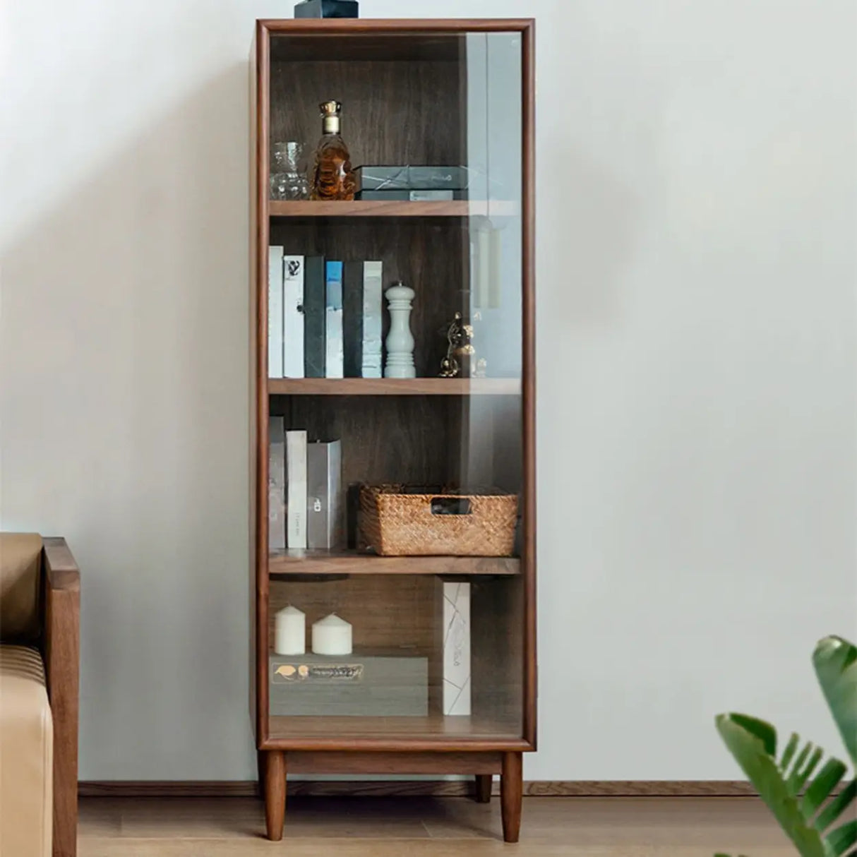 Casual Brown Wood Vertical Glass Door Narrow Bookcase Image - 5