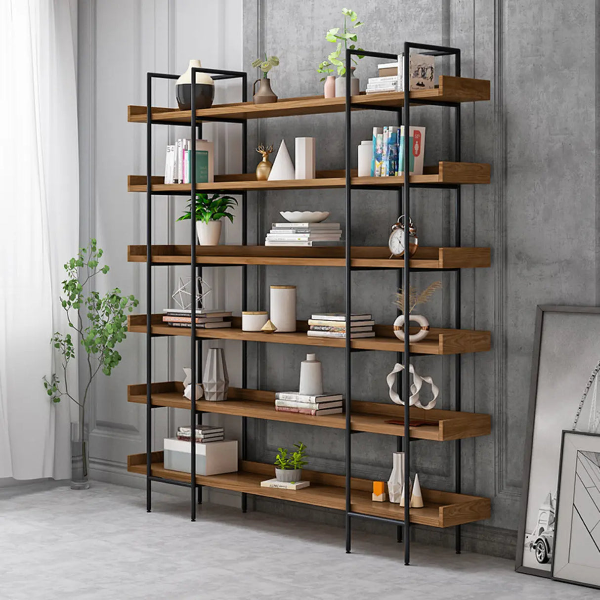 Casual Brown Wooden Shelves Open Display Bookshelf Image - 1