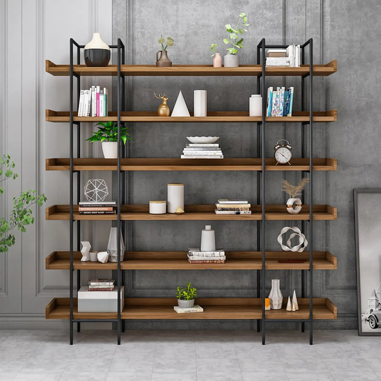 Casual Brown Wooden Shelves Open Display Bookshelf Image - 2