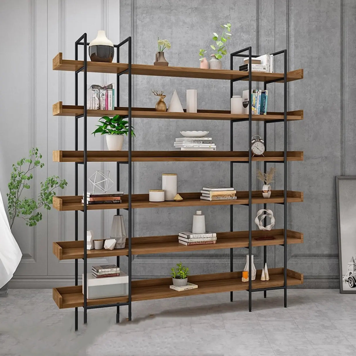 Casual Brown Wooden Shelves Open Display Bookshelf Image - 3