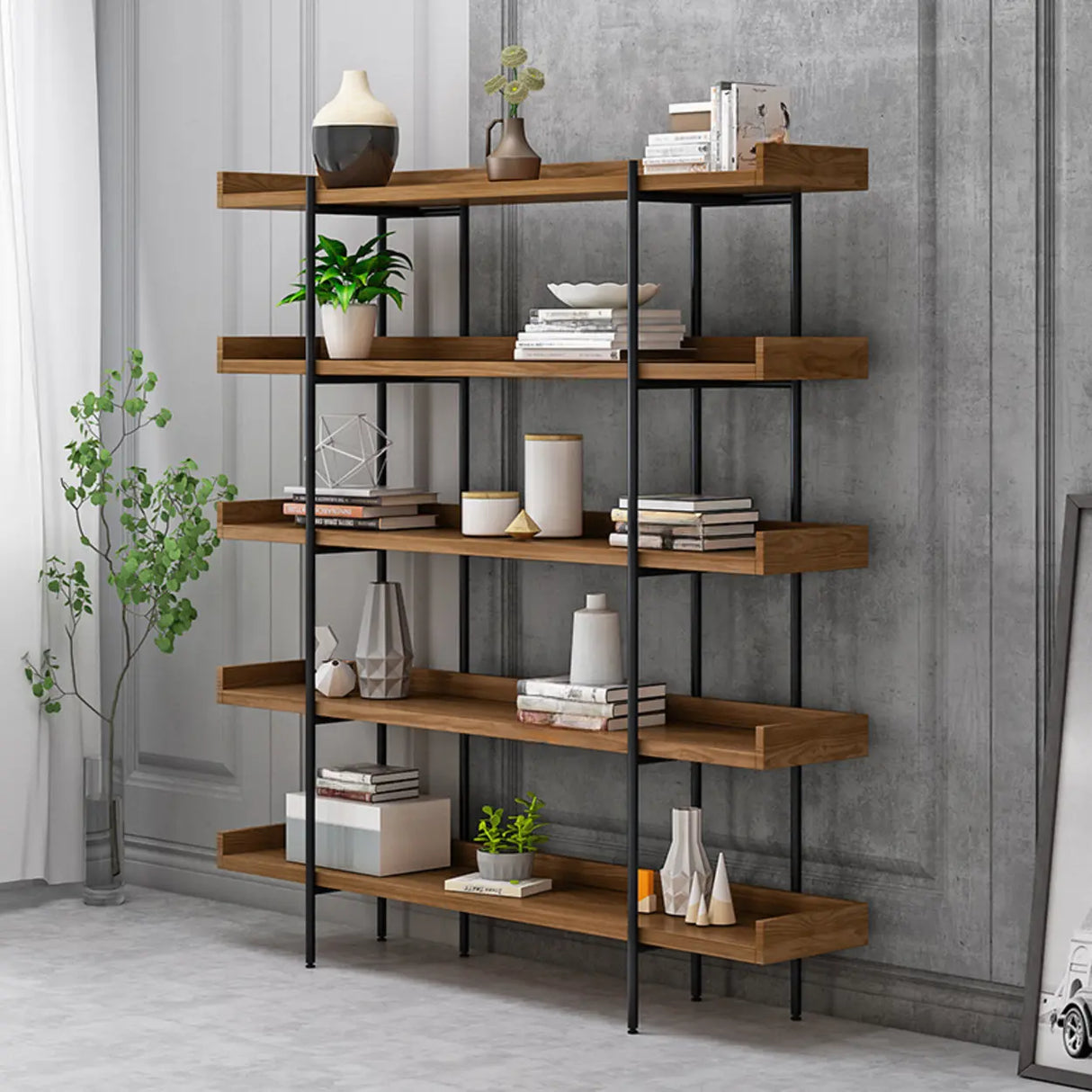 Casual Brown Wooden Shelves Open Display Bookshelf Image - 4