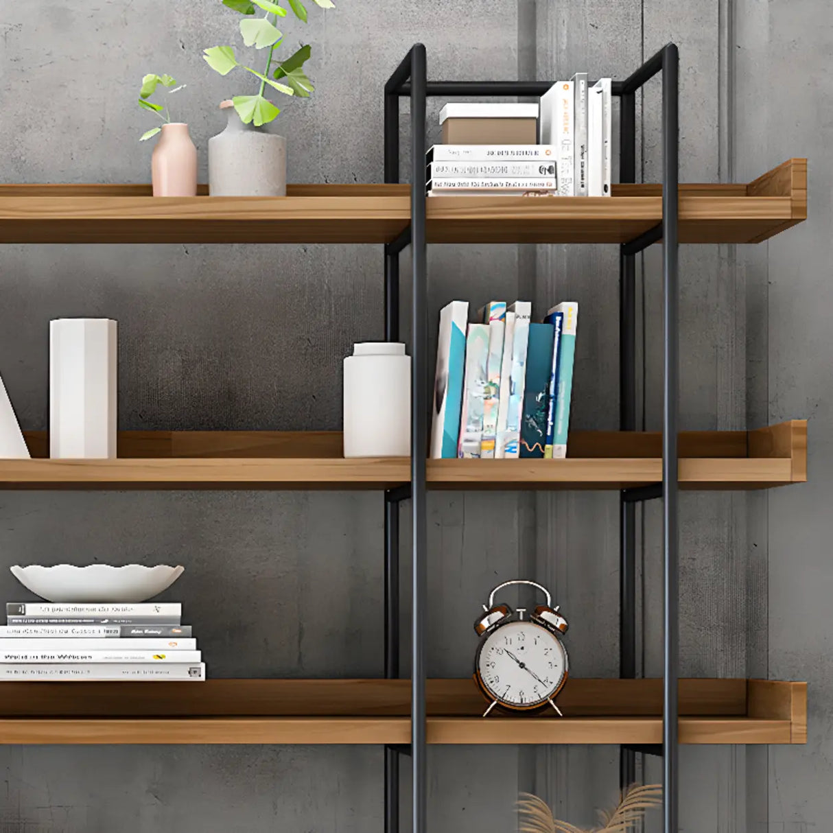 Casual Brown Wooden Shelves Open Display Bookshelf Image - 6