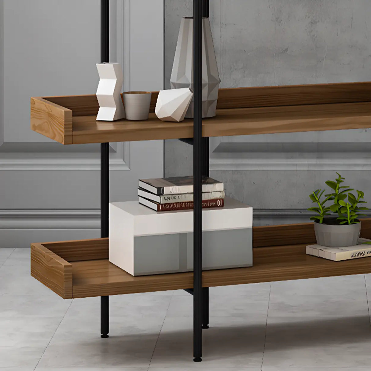 Casual Brown Wooden Shelves Open Display Bookshelf Image - 7