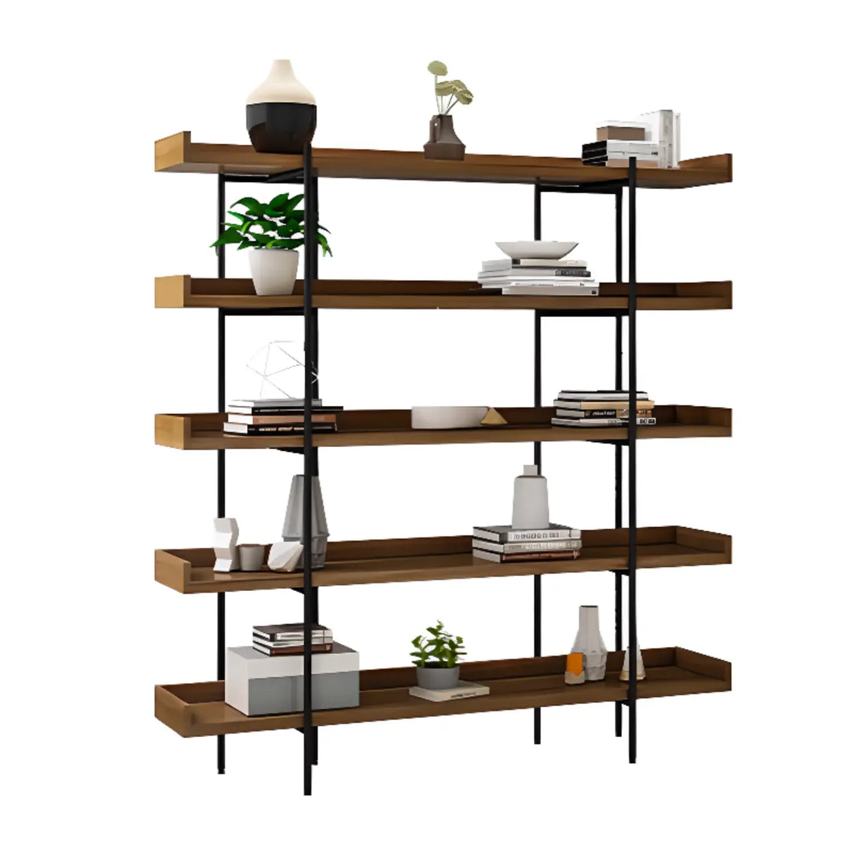 Casual Brown Wooden Shelves Open Display Bookshelf Image - 9