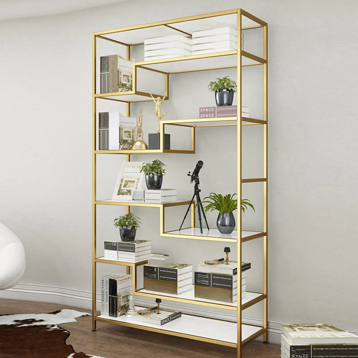 Casual Golden Alloy Rectangular Multi-shelf Bookshelf Image - 1