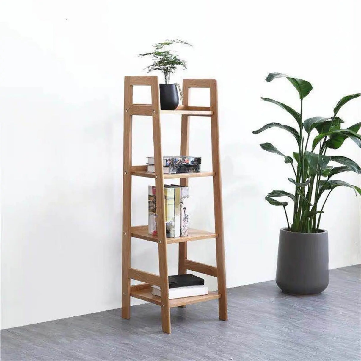 Casual Ladder Bamboo 4-Tier Natural Small Bookcase Image - 2
