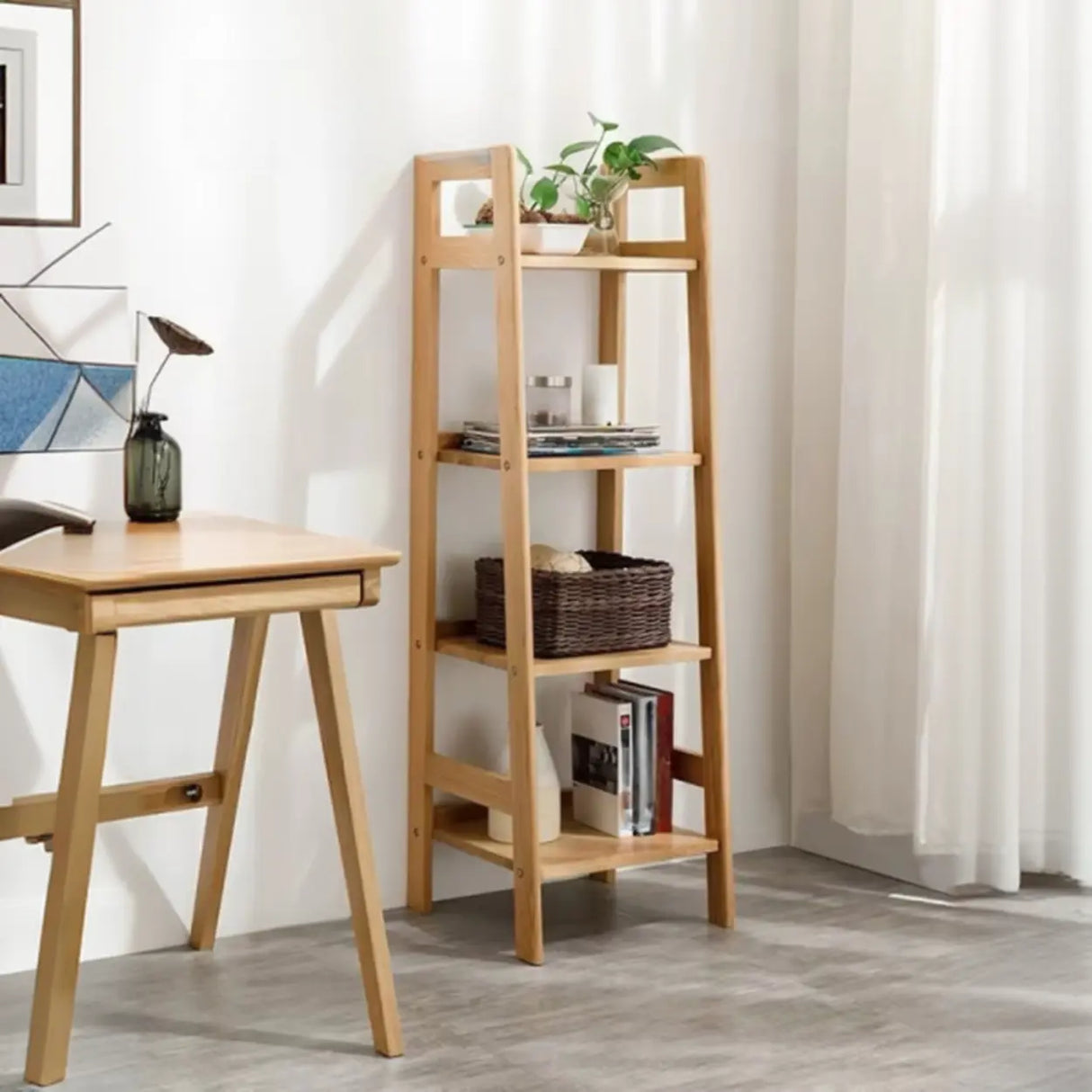 Casual Ladder Bamboo 4-Tier Natural Small Bookcase Image - 3