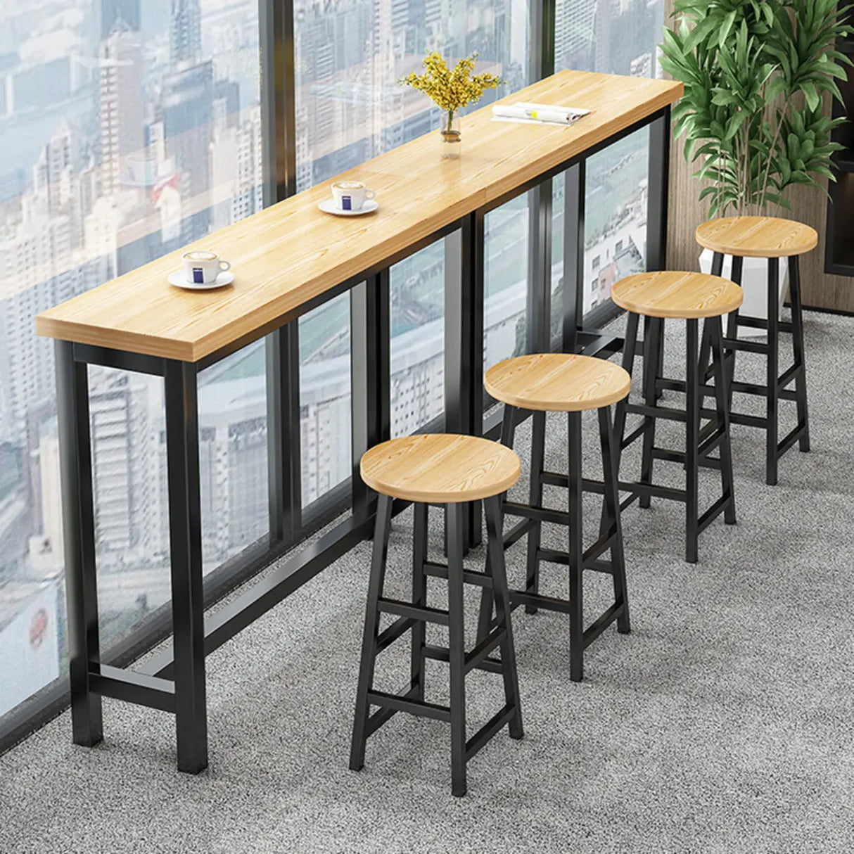 Casual Natural Wood Black Rectangular Timber Bar Table Image - 4