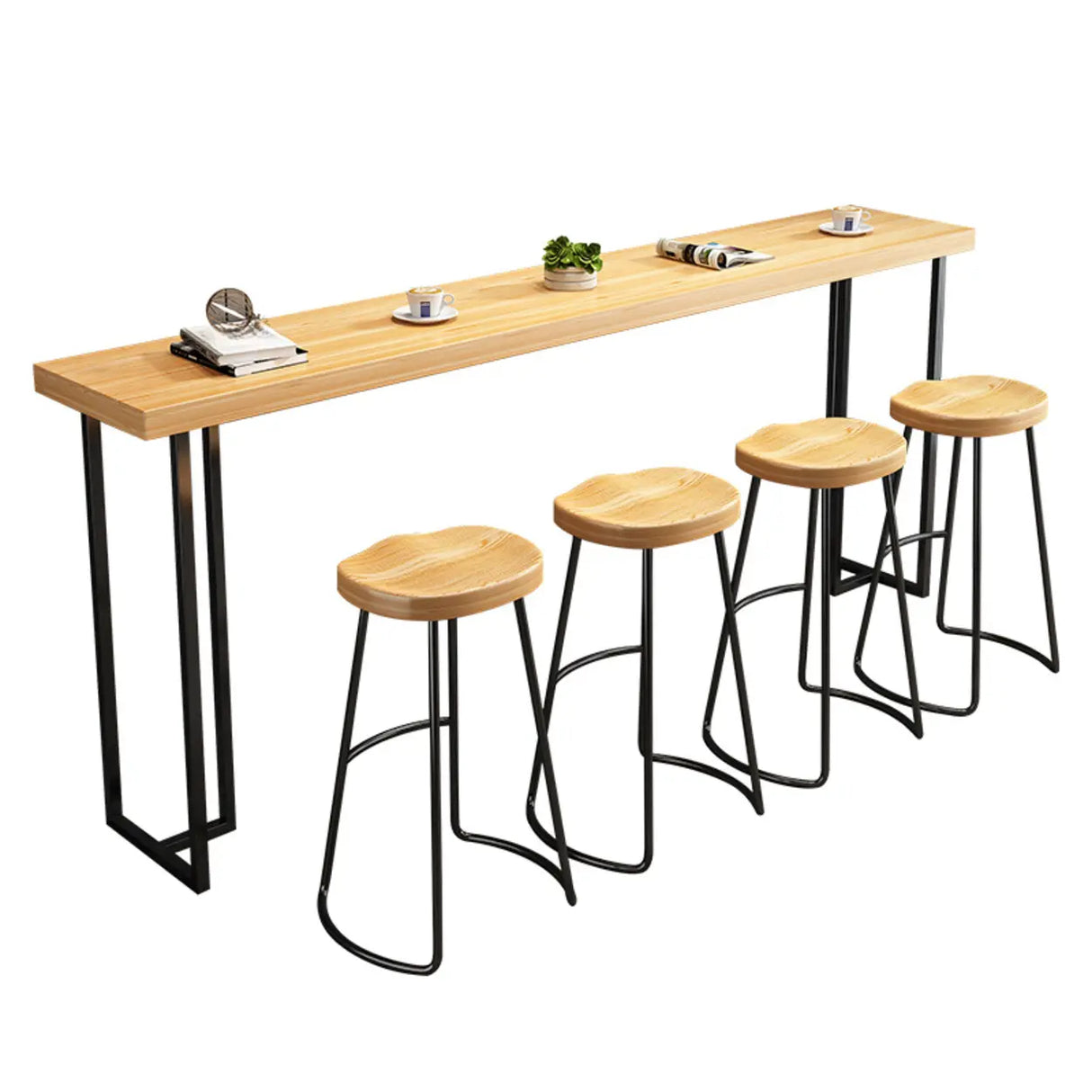 Casual Natural Wood Black Rectangular Timber Bar Table Image - 9