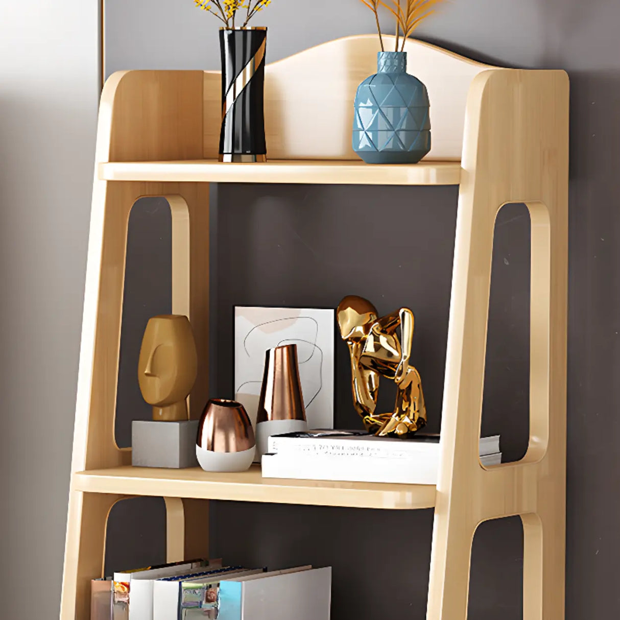 Casual Open Back Natural Wood Ladder Storage Bookcase Image - 7