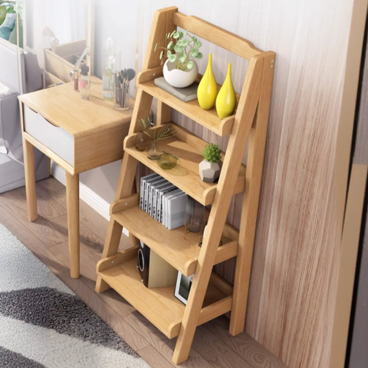 Casual Simple Open Back Wooden Ladder Display Bookshelf Image - 1