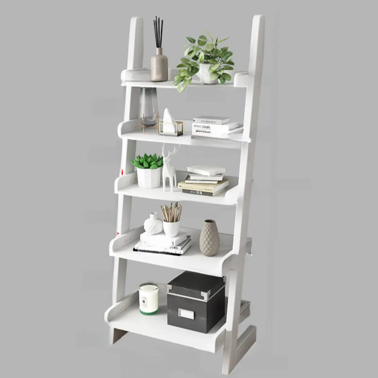 Casual Simple Open Back Wooden Ladder Display Bookshelf Image - 16