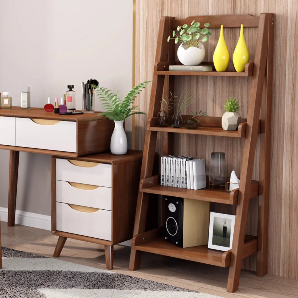 Casual Simple Open Back Wooden Ladder Display Bookshelf Image - 2