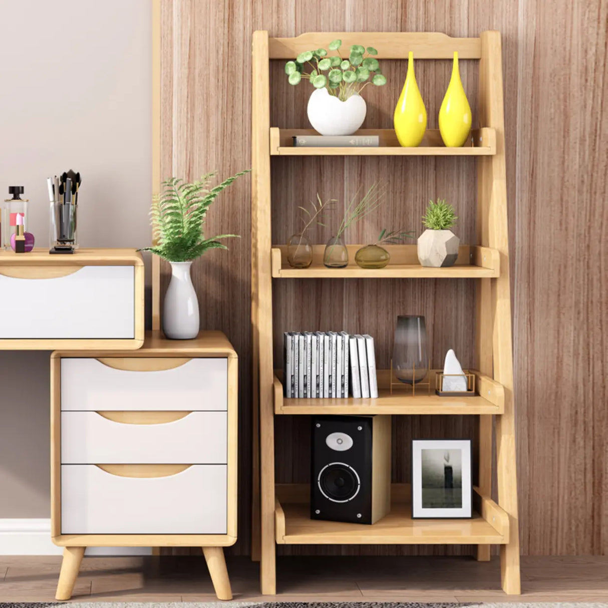 Casual Simple Open Back Wooden Ladder Display Bookshelf Image - 4