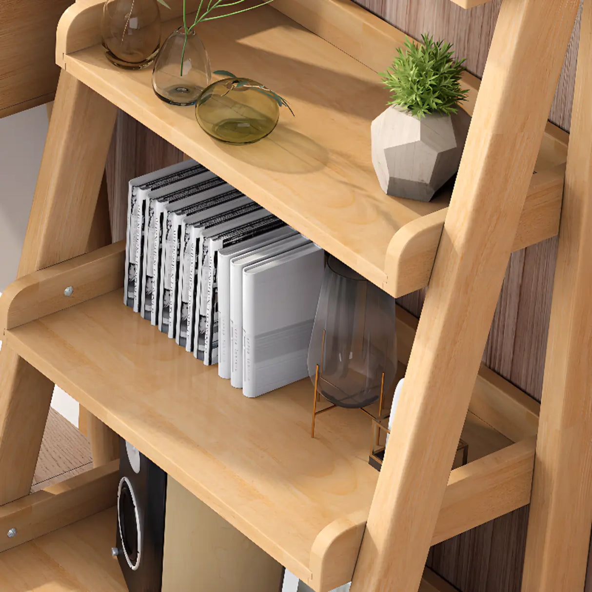 Casual Simple Open Back Wooden Ladder Display Bookshelf Image - 8