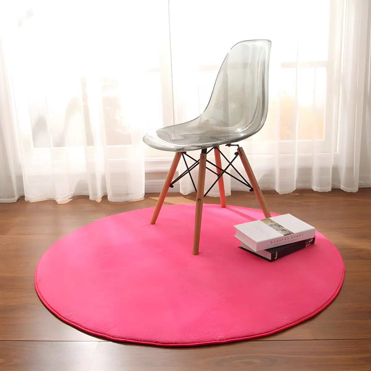 Casual Solid Color Apricot Round Polyester Area Rug Image - 10