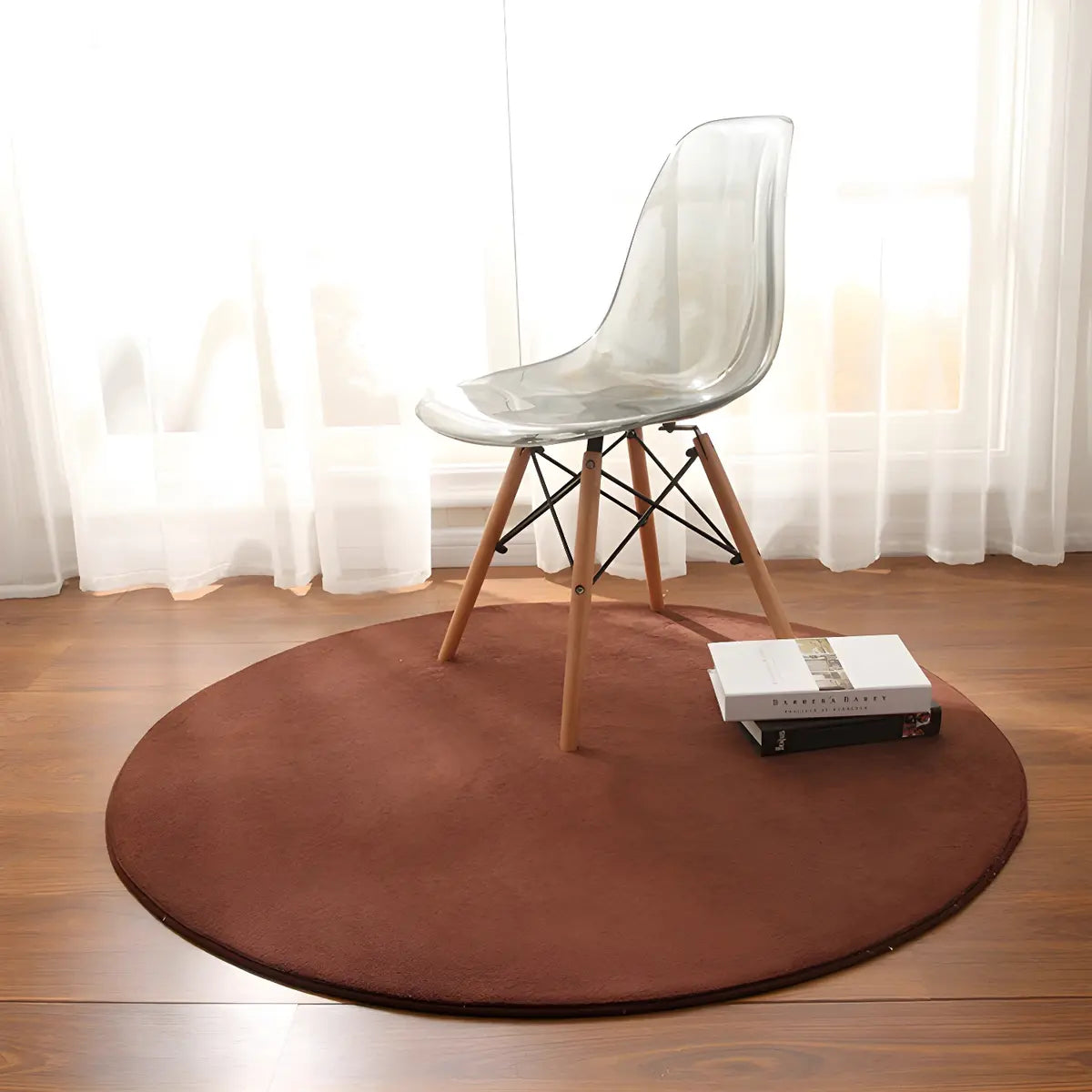 Casual Solid Color Apricot Round Polyester Area Rug Image - 15