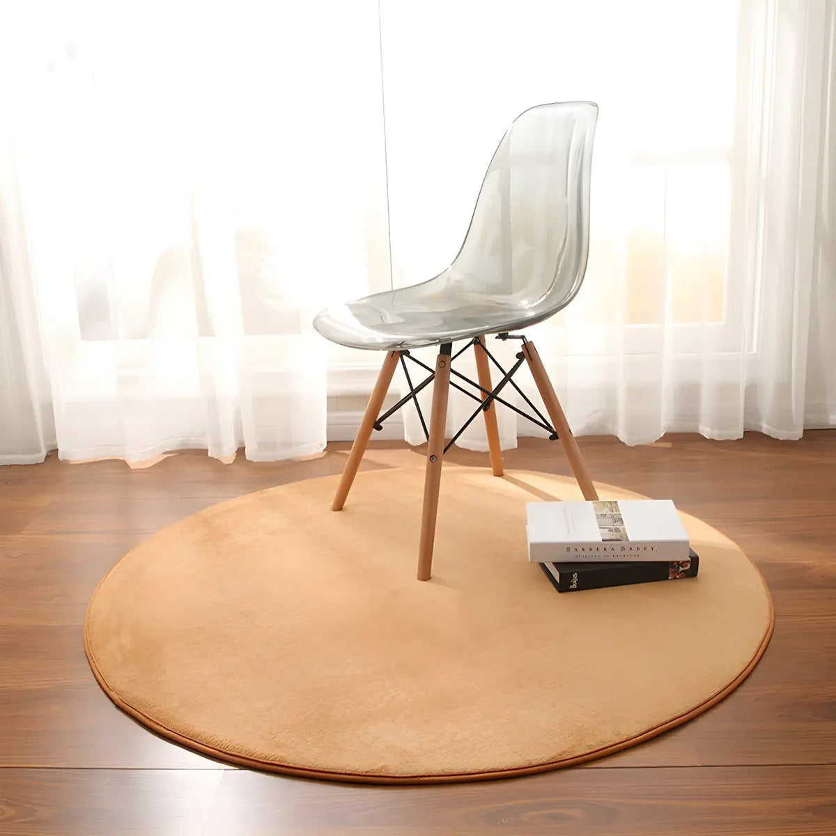 Casual Solid Color Apricot Round Polyester Area Rug Image - 22