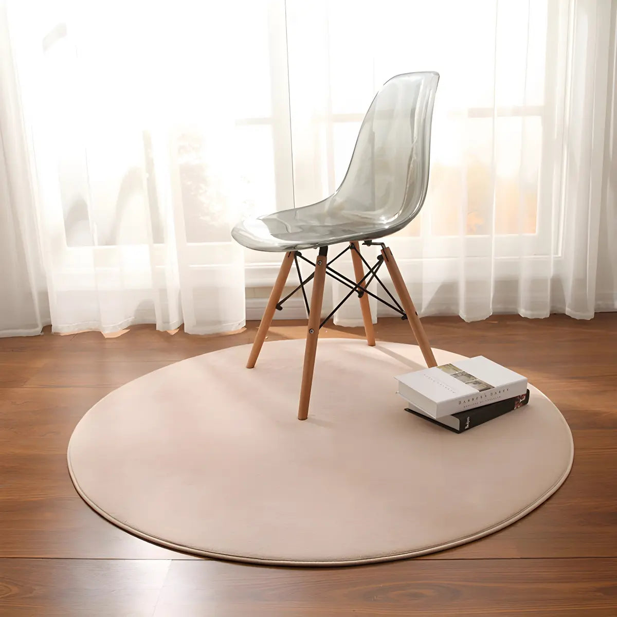 Casual Solid Color Apricot Round Polyester Area Rug Image - 23